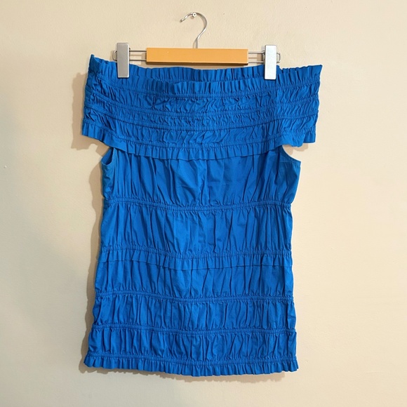 3/$10⚡️Joe Fresh Blue Smocked Ruffled 100% Cotton Off the Shoulder Top - Picture 1 of 13